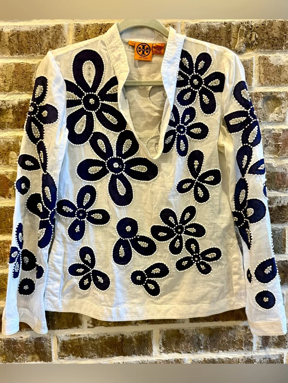 Tory Burch White Cotton Navy Floral Appliqué Embellished Tunic Blouse Size 4 - Picture 1 of 4